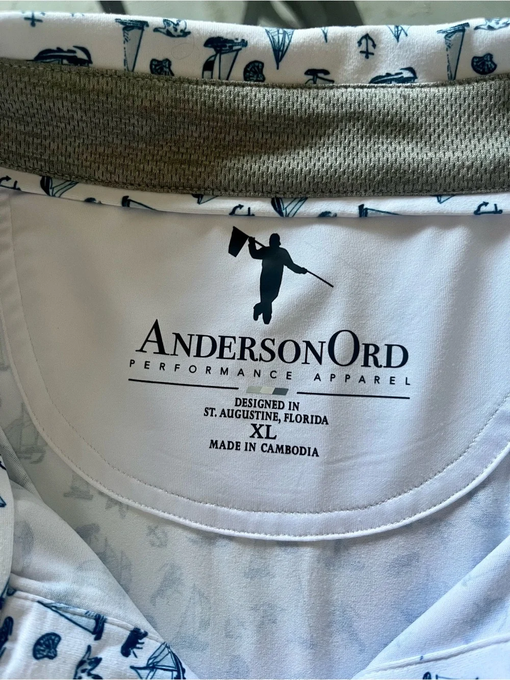 Anderson Ord White Polo with Navy Nautical Print PGA WEST logo